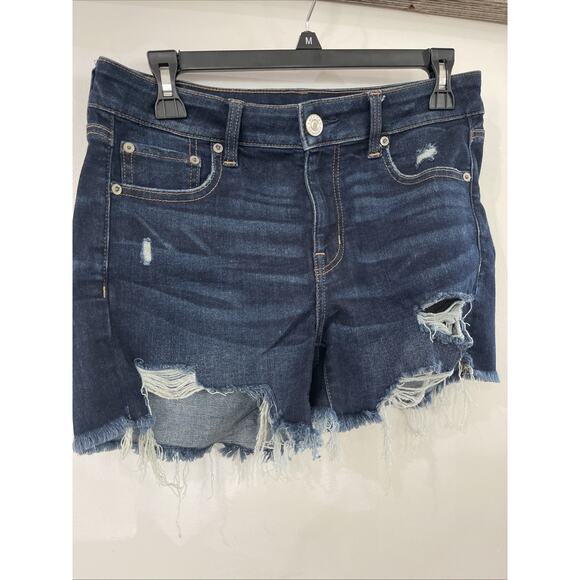 NEW American Eagle Womens Denim Midi Shorts Size 8 Next Level Stretch Distressed - Picture 1 of 4